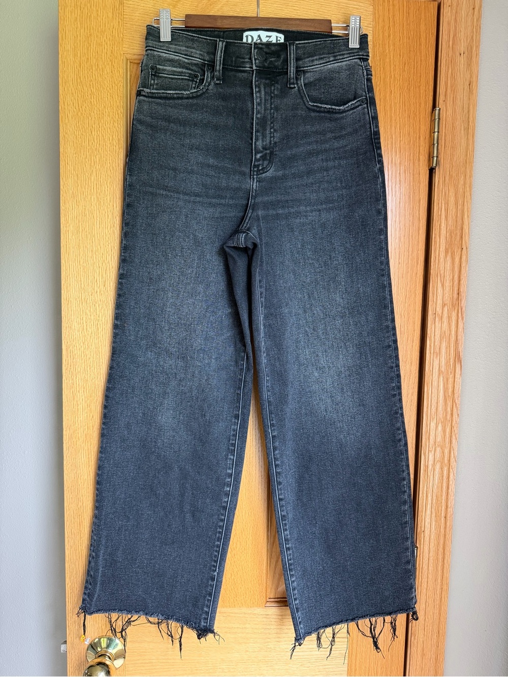 DAZE Denim Pleaser High Rise Wide Ankle Raw Hem Jeans Charcoal Black 26
